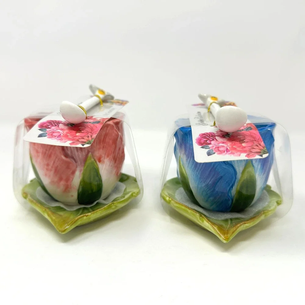 Set of 2 CornerRuby Garden Collection Teacups + Saucer Spoon Blue Red New *Read